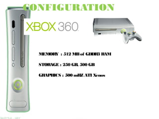 CONFIGURATION
MEMORY : 512 MB of GDDR3 RAM
STORAGE : 250 GB, 500 GB
GRAPHICS : 500 mHZ ATI Xenos
 