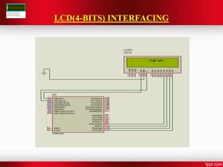 LCD(4-BITS) INTERFACING
PB0/ICP1
14
PB1/OC1A
15
PB2/SS/OC1B
16
PB3/MOSI/OC2
17
PB4/MISO
18
PB5/SCK
19
PB6/TOSC1/XTAL1
9
PB7/TOSC2/XTAL2
10
PC6/RESET
1
PD0/RXD
2
PD1/TXD
3
PD2/INT0
4
PD3/INT1
5
PD4/T0/XCK
6
PD5/T1
11
PD6/AIN0
12
PD7/AIN1
13
PC0/ADC0
23
PC1/ADC1
24
PC2/ADC2
25
PC3/ADC3
26
PC4/ADC4/SDA
27
PC5/ADC5/SCL
28
AREF
21
AVCC
20
U1
ATMEGA8
D7
14
D6
13
D5
12
D4
11
D3
10
D2
9
D1
8
D0
7
E
6
RW
5
RS
4
VSS
1
VDD
2
VEE
3
LCD1
LM016L
 