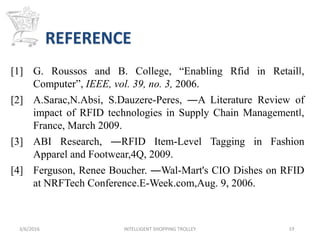 REFERENCE
3/6/2016 INTELLIGENT SHOPPING TROLLEY 19
[1] G. Roussos and B. College, “Enabling Rfid in Retail‖,
Computer”, IEEE, vol. 39, no. 3, 2006.
[2] A.Sarac,N.Absi, S.Dauzere-Peres, ―A Literature Review of
impact of RFID technologies in Supply Chain Management‖,
France, March 2009.
[3] ABI Research, ―RFID Item-Level Tagging in Fashion
Apparel and Footwear,4Q, 2009.
[4] Ferguson, Renee Boucher. ―Wal-Mart's CIO Dishes on RFID
at NRFTech Conference.E-Week.com,Aug. 9, 2006.
 