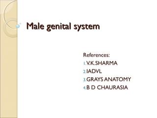 Male genital systemMale genital system
References:
1.V.K.SHARMA
2.IADVL
3.GRAYS ANATOMY
4.B D CHAURASIA
 