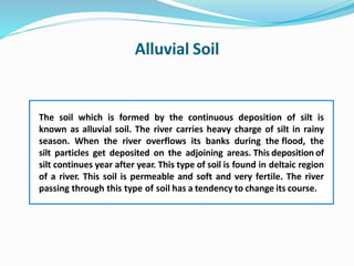 Alluvial Soil
The soil which is formed by the continuous deposition of silt is
known as alluvial soil. The river carries heavy charge of silt in rainy
season. When the river overflows its banks during the flood, the
silt particles get deposited on the adjoining areas. This deposition of
silt continues year after year. This type of soil is found in deltaic region
of a river. This soil is permeable and soft and very fertile. The river
passing through this type of soil has a tendency to change its course.
 