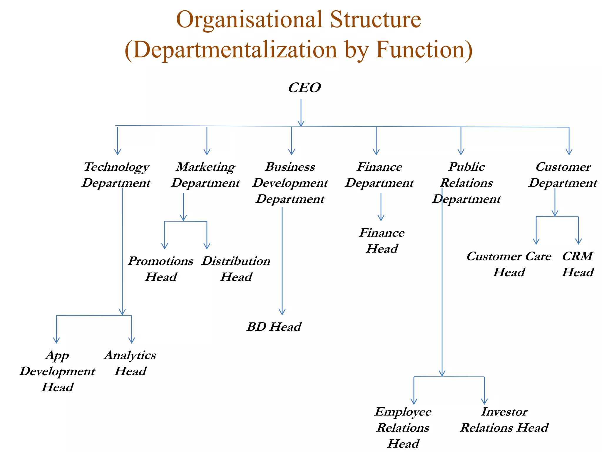 Organisational Structure
(Departmentalization by Function)
CEO
Technology
Department
Marketing
Department
Business
Development
Department
Finance
Department
Public
Relations
Department
Customer
Department
App
Development
Head
Analytics
Head
Promotions
Head
Distribution
Head
BD Head
Finance
Head
Employee
Relations
Head
Investor
Relations Head
Customer Care
Head
CRM
Head
 