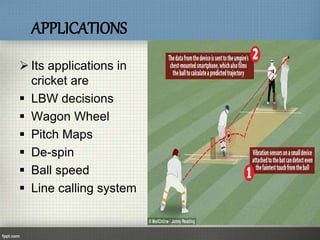 APPLICATIONS
 Its applications in
cricket are
 LBW decisions
 Wagon Wheel
 Pitch Maps
 De-spin
 Ball speed
 Line calling system
 