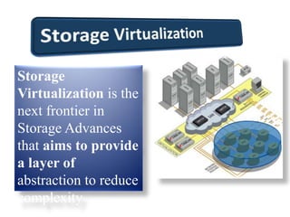 Storage
Virtualization is the
next frontier in
Storage Advances
that aims to provide
a layer of
abstraction to reduce
complexity
 