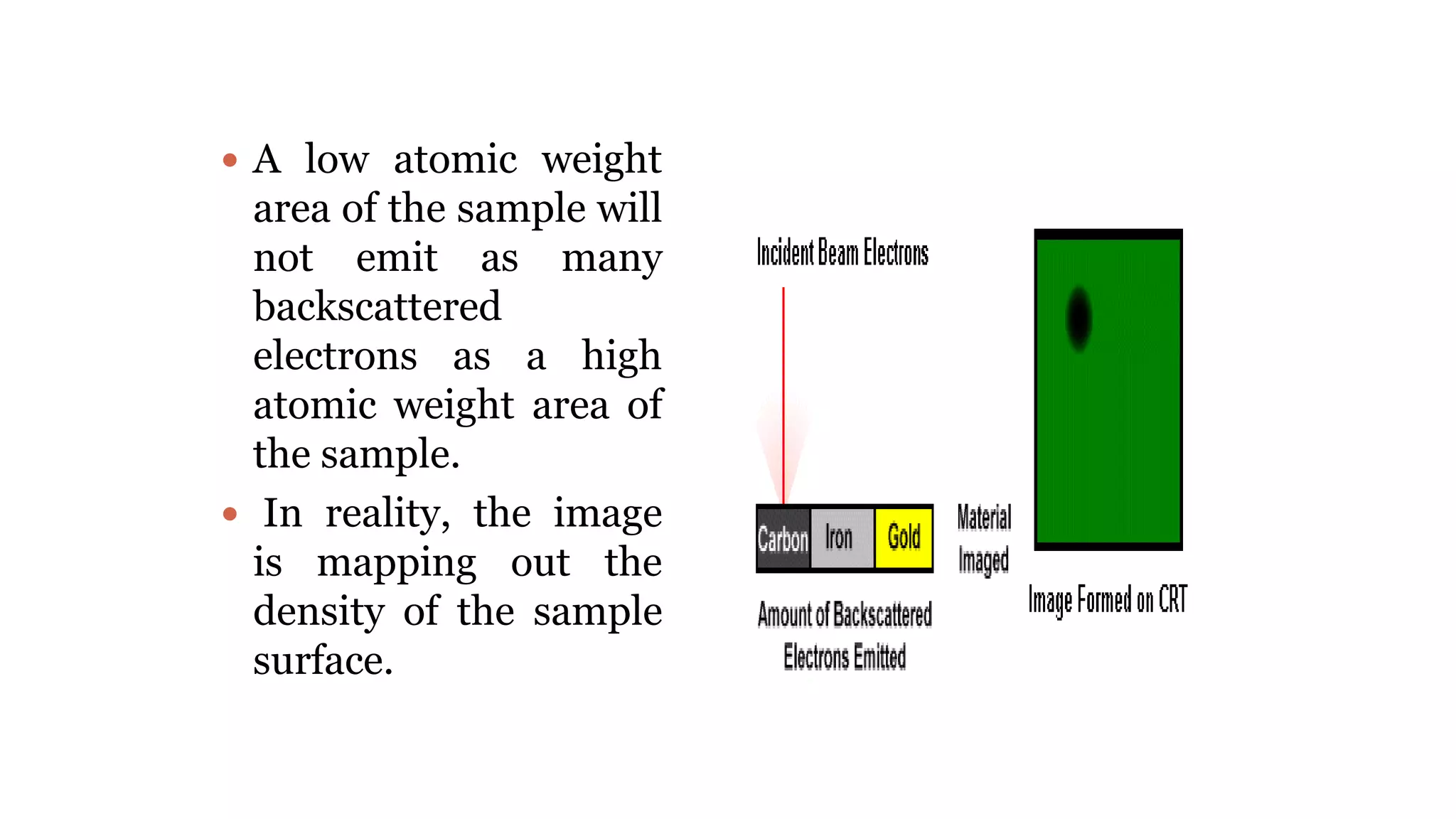  A low atomic weight
area of the sample will
not emit as many
backscattered
electrons as a high
atomic weight area of
the sample.
 In reality, the image
is mapping out the
density of the sample
surface.
 