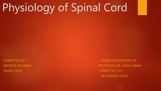 Physiology of Spinal Cord
SUBMITTED BY- UNDER SUPERVISION OF-
MAROOF RAHMAN PROFESSOR DR. YUSUF JAMAL
BUMS I YEAR SUBMITTED TO –
DR. FAKHRA TALAT
 