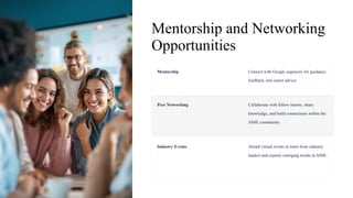 Mentorship and Networking
Opportunities
Mentorship Connect with Google engineers for guidance,
feedback, and career advice.
Peer Networking Collaborate with fellow interns, share
knowledge, and build connections within the
AIML community.
Industry Events Attend virtual events to learn from industry
leaders and explore emerging trends in AIML.
 