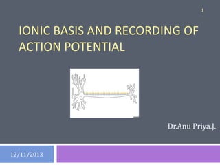 1

IONIC BASIS AND RECORDING OF
ACTION POTENTIAL

Dr.Anu Priya.J.

12/11/2013

 