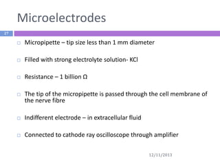Microelectrodes
27



Micropipette – tip size less than 1 mm diameter



Filled with strong electrolyte solution- KCl



Resistance – 1 billion Ω



The tip of the micropipette is passed through the cell membrane of
the nerve fibre



Indifferent electrode – in extracellular fluid



Connected to cathode ray oscilloscope through amplifier
12/11/2013

 