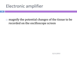 Electronic amplifier
28



magnify the potential changes of the tissue to be
recorded on the oscilloscope screen

12/11/2013

 