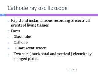 Cathode ray oscilloscope
29

Rapid and instantaneous recording of electrical
events of living tissues
 Parts
i.
Glass tube
ii.
Cathode
iii.
Fluorescent screen
iv.
Two sets ( horizontal and vertical ) electrically
charged plates


12/11/2013

 