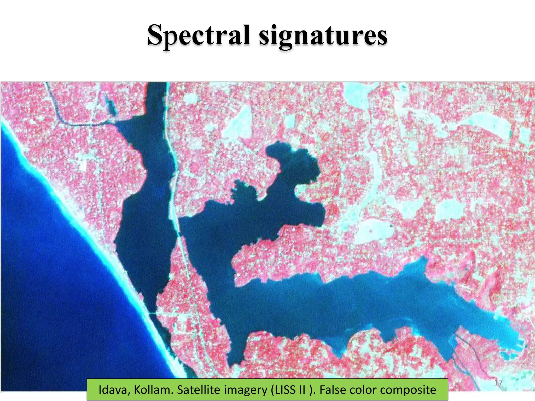 17
Idava, Kollam. Satellite imagery (LISS II ). False color composite
Spectral signatures
 