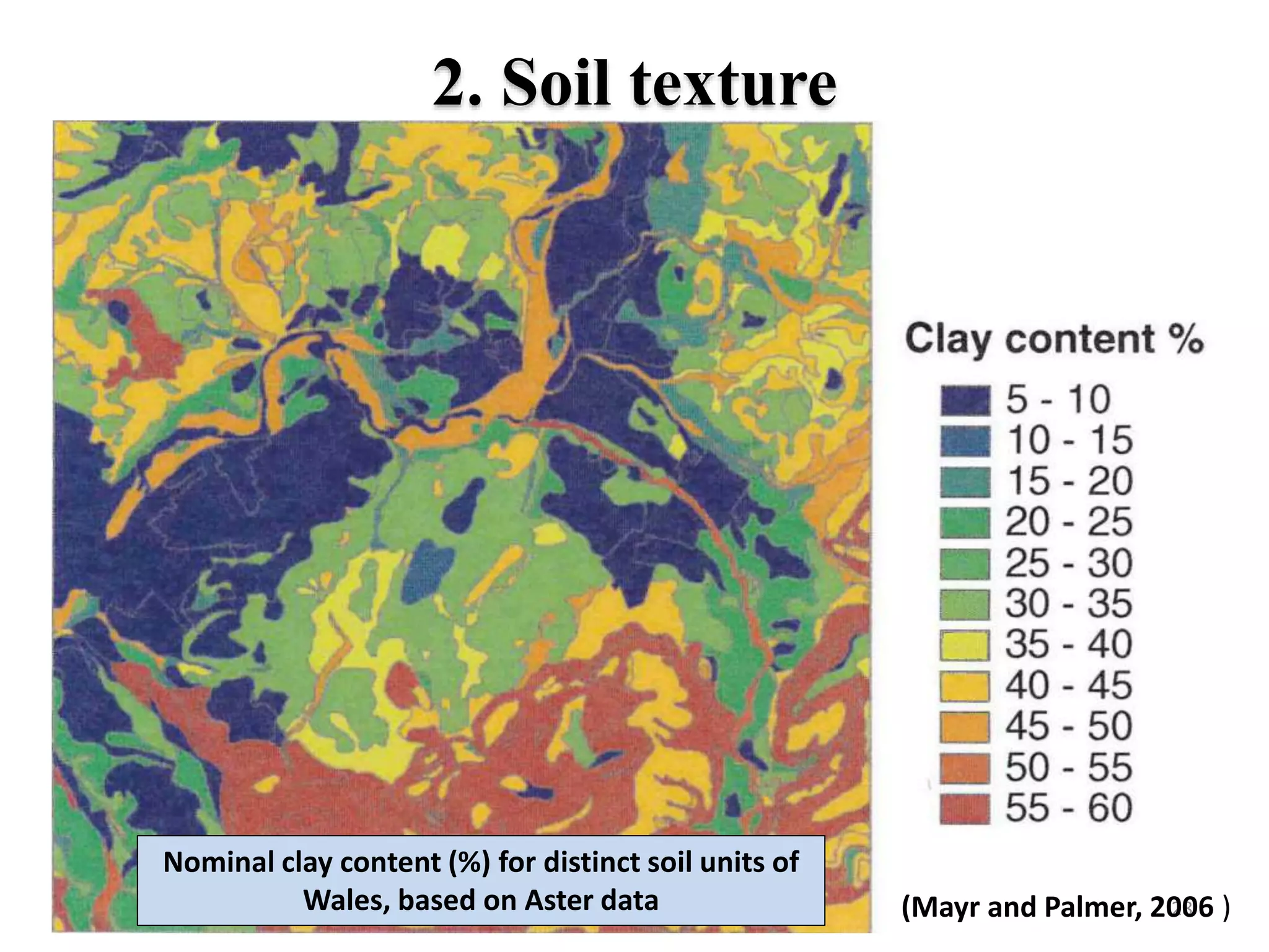 2. Soil texture
Nominal clay content (%) for distinct soil units of
Wales, based on Aster data 28(Mayr and Palmer, 2006 )
 