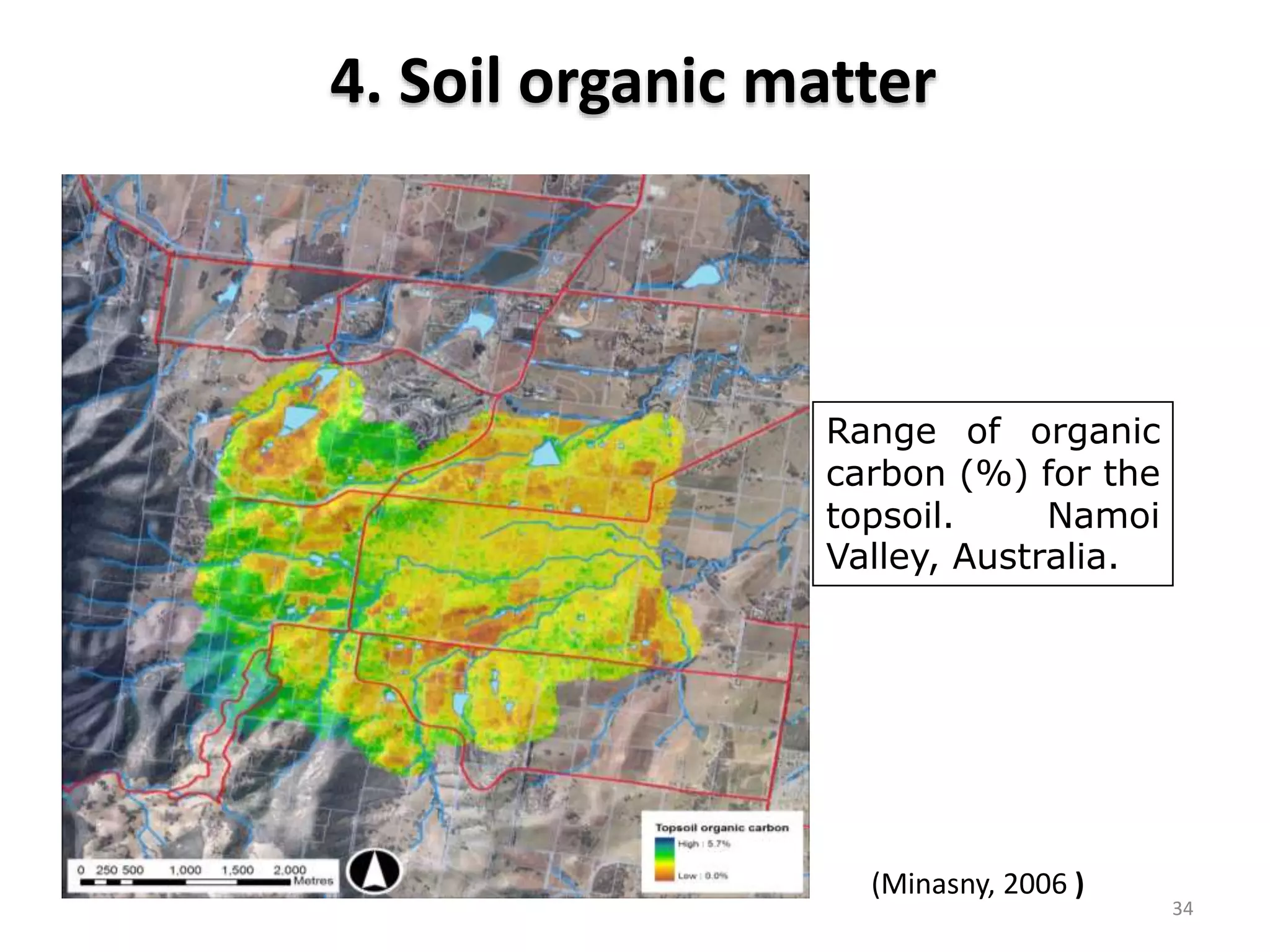 Range of organic
carbon (%) for the
topsoil. Namoi
Valley, Australia.
4. Soil organic matter
34
(Minasny, 2006 )
 