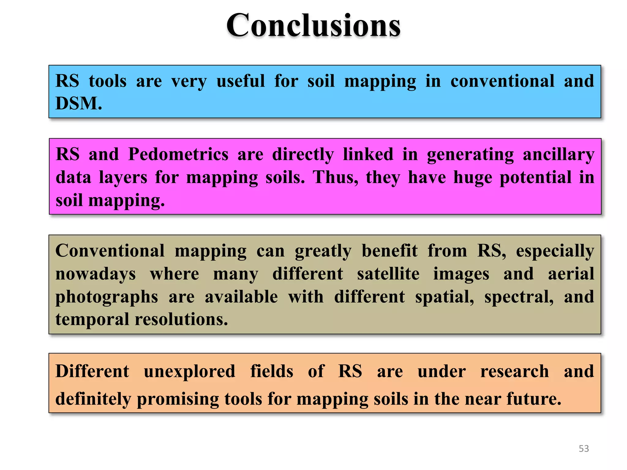 53
Conclusions
Conventional mapping can greatly benefit from RS, especially
nowadays where many different satellite images and aerial
photographs are available with different spatial, spectral, and
temporal resolutions.
Different unexplored fields of RS are under research and
definitely promising tools for mapping soils in the near future.
RS tools are very useful for soil mapping in conventional and
DSM.
RS and Pedometrics are directly linked in generating ancillary
data layers for mapping soils. Thus, they have huge potential in
soil mapping.
 