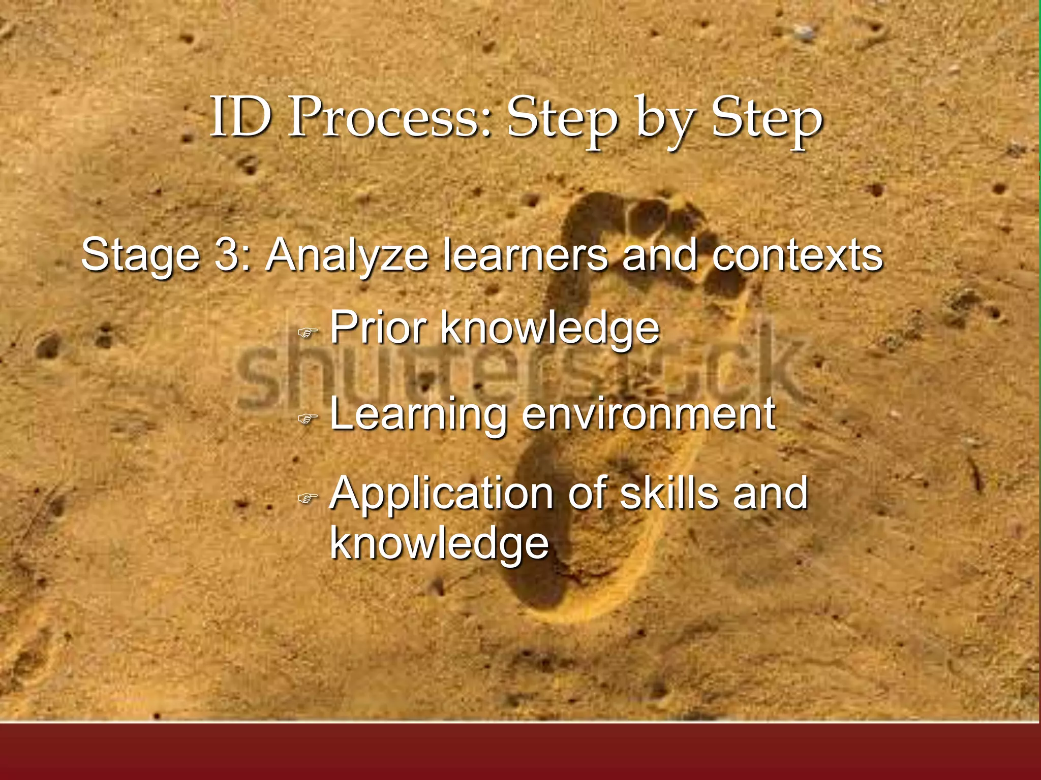 Stage 3: Analyze learners and contexts
ID Process: Step by Step
 Prior knowledge
 Learning environment
 Application of skills and
knowledge
 