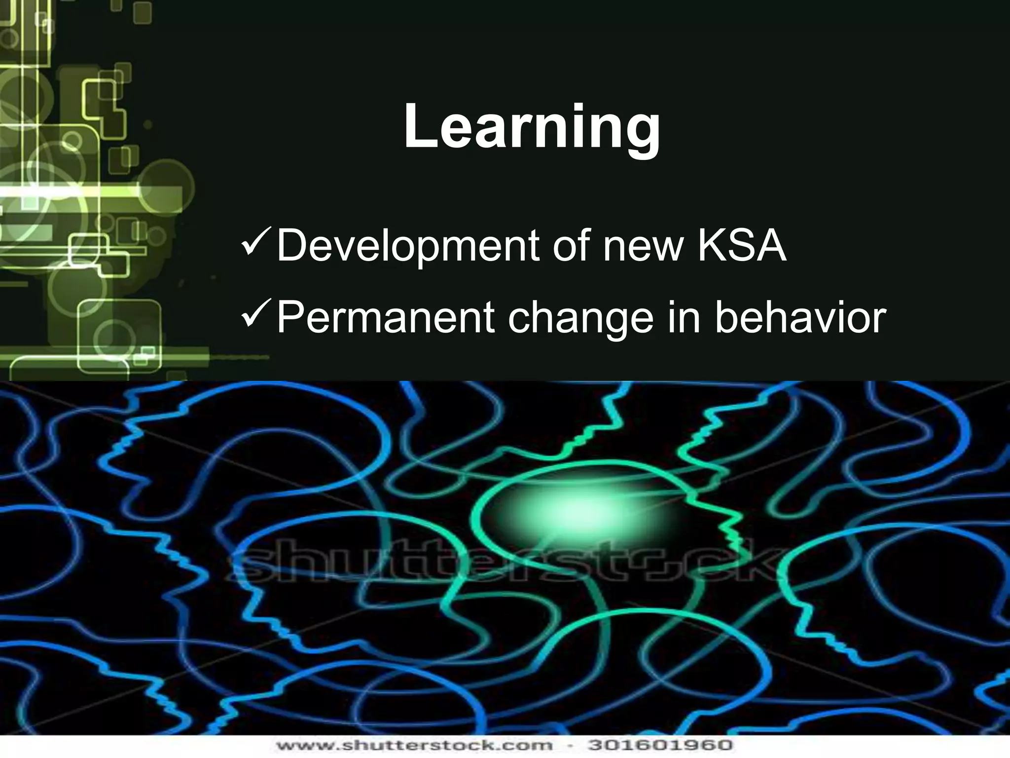 Permanent change in behavior
Learning
Development of new KSA
 