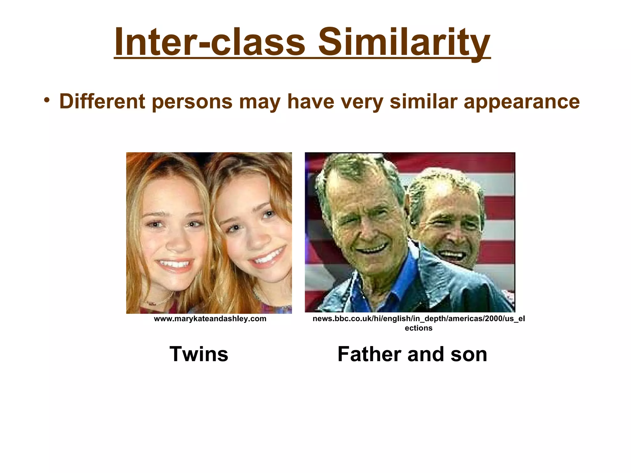 Inter-class Similarity Different persons may have very similar appearance Twins  Father and son  www.marykateandashley.com news.bbc.co.uk/hi/english/in_depth/americas/2000/us_elections 