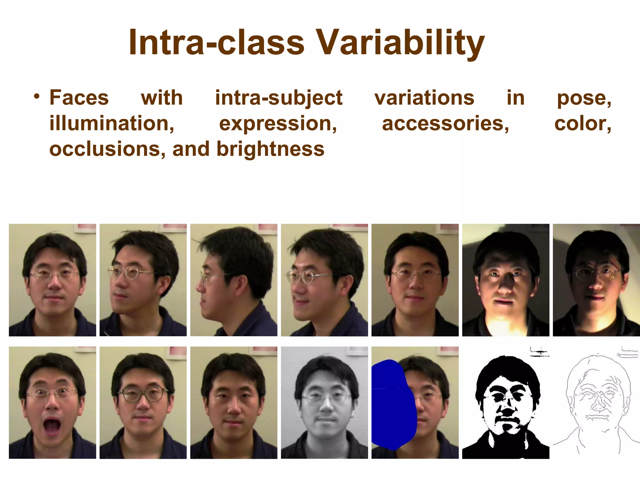 Intra-class Variability Faces with intra-subject variations in pose, illumination, expression, accessories, color, occlusions, and brightness  