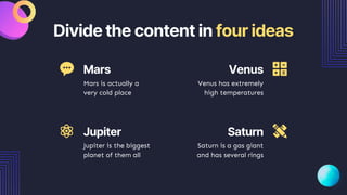Divide the content in four ideas
Mars is actually a
very cold place
Venus has extremely
high temperatures
Jupiter is the biggest
planet of them all
Saturn is a gas giant
and has several rings
Mars
Jupiter
Venus
Saturn
 