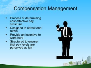 Compensation Management <ul><li>Process of determining cost-effective pay structure </li></ul><ul><li>Designed to attract ...