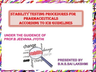 Stability testing procedures for
pharmaceuticals
according to ICH guidelines
UNDER THE GUIDENCE OF
PROF.B JEEVANA JYOTHI

 