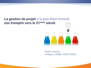 La gestion de projet n‟a pas bien innové
son tremplin vers le 21ième siècle




                        Gantt, chemin
                        critique, (1920), PERT(1958)…
 