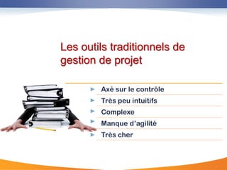 Les outils traditionnels de
gestion de projet

        Axé sur le contrôle
        Très peu intuitifs
        Complexe
        Manque d‟agilité
        Très cher
 