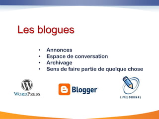 Les blogues
    •   Annonces
    •   Espace de conversation
    •   Archivage
    •   Sens de faire partie de quelque chose
 