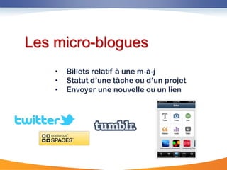 Les micro-blogues
    •   Billets relatif à une m-à-j
    •   Statut d‟une tâche ou d‟un projet
    •   Envoyer une nouvelle ou un lien
 