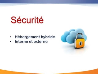 Sécurité
• Hébergement hybride
• Interne et externe
 