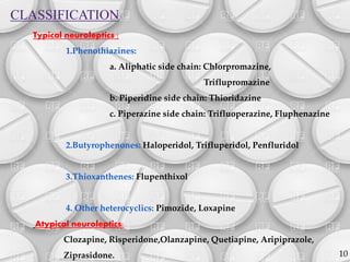 Typical neuroleptics :
1.Phenothiazines:
a. Aliphatic side chain: Chlorpromazine,
Triflupromazine
b. Piperidine side chain: Thioridazine
c. Piperazine side chain: Trifluoperazine, Fluphenazine
2.Butyrophenones: Haloperidol, Trifluperidol, Penfluridol
3.Thioxanthenes: Flupenthixol
4. Other heterocyclics: Pimozide, Loxapine
Atypical neuroleptics:
Clozapine, Risperidone,Olanzapine, Quetiapine, Aripiprazole,
Ziprasidone.
CLASSIFICATION
10
 