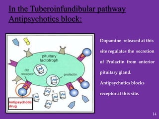 In the Tuberoinfundibular pathway
Antipsychotics block:
Dopamine released at this
site regulates the secretion
of Prolactin from anterior
pituitary gland.
Antipsychotics blocks
receptor at this site.
14
 