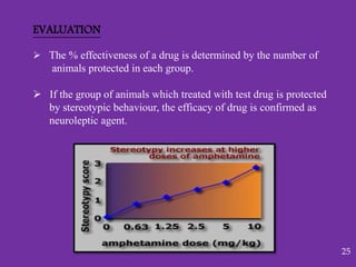 EVALUATION
 The % effectiveness of a drug is determined by the number of
animals protected in each group.
 If the group of animals which treated with test drug is protected
by stereotypic behaviour, the efficacy of drug is confirmed as
neuroleptic agent.
25
 