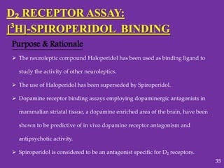 D₂ RECEPTOR ASSAY:
[³H]-SPIROPERIDOL BINDING
Purpose & Rationale
 The neuroleptic compound Haloperidol has been used as binding ligand to
study the activity of other neuroleptics.
 The use of Haloperidol has been superseded by Spiroperidol.
 Dopamine receptor binding assays employing dopaminergic antagonists in
mammalian striatal tissue, a dopamine enriched area of the brain, have been
shown to be predictive of in vivo dopamine receptor antagonism and
antipsychotic activity.
 Spiroperidol is considered to be an antagonist specific for D₂ receptors.
35
 