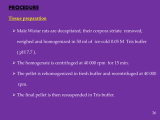 PROCEDURE
Tissue preparation
 Male Wistar rats are decapitated, their corpora striate removed,
weighed and homogenized in 50 ml of ice-cold 0.05 M Tris buffer
( pH 7.7 ).
 The homogenate is centrifuged at 40 000 rpm for 15 min.
 The pellet is rehomogenized in fresh buffer and recentrifuged at 40 000
rpm.
 The final pellet is then resuspended in Tris buffer.
36
 