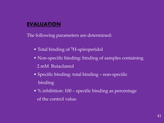 EVALUATION
The following parameters are determined:
• Total binding of ³H-spiroperidol
• Non-specific binding: binding of samples containing
2 mM Butaclamol
• Specific binding: total binding – non-specific
binding
• % inhibition: 100 – specific binding as percentage
of the control value.
41
 
