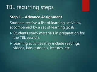 TBL recurring steps
Step 1 – Advance Assignment
Students receive a list of learning activities,
accompanied by a set of learning goals.
 Students study materials in preparation for
the TBL session.
 Learning activities may include readings,
videos, labs, tutorials, lectures, etc.
 