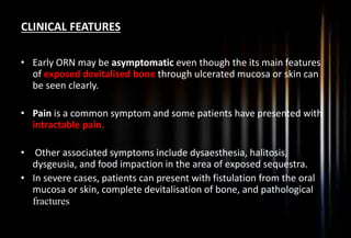 CLINICAL FEATURES
• Early ORN may be asymptomatic even though the its main features
of exposed devitalised bone through ulcerated mucosa or skin can
be seen clearly.
• Pain is a common symptom and some patients have presented with
intractable pain.
• Other associated symptoms include dysaesthesia, halitosis,
dysgeusia, and food impaction in the area of exposed sequestra.
• In severe cases, patients can present with fistulation from the oral
mucosa or skin, complete devitalisation of bone, and pathological
fractures
 