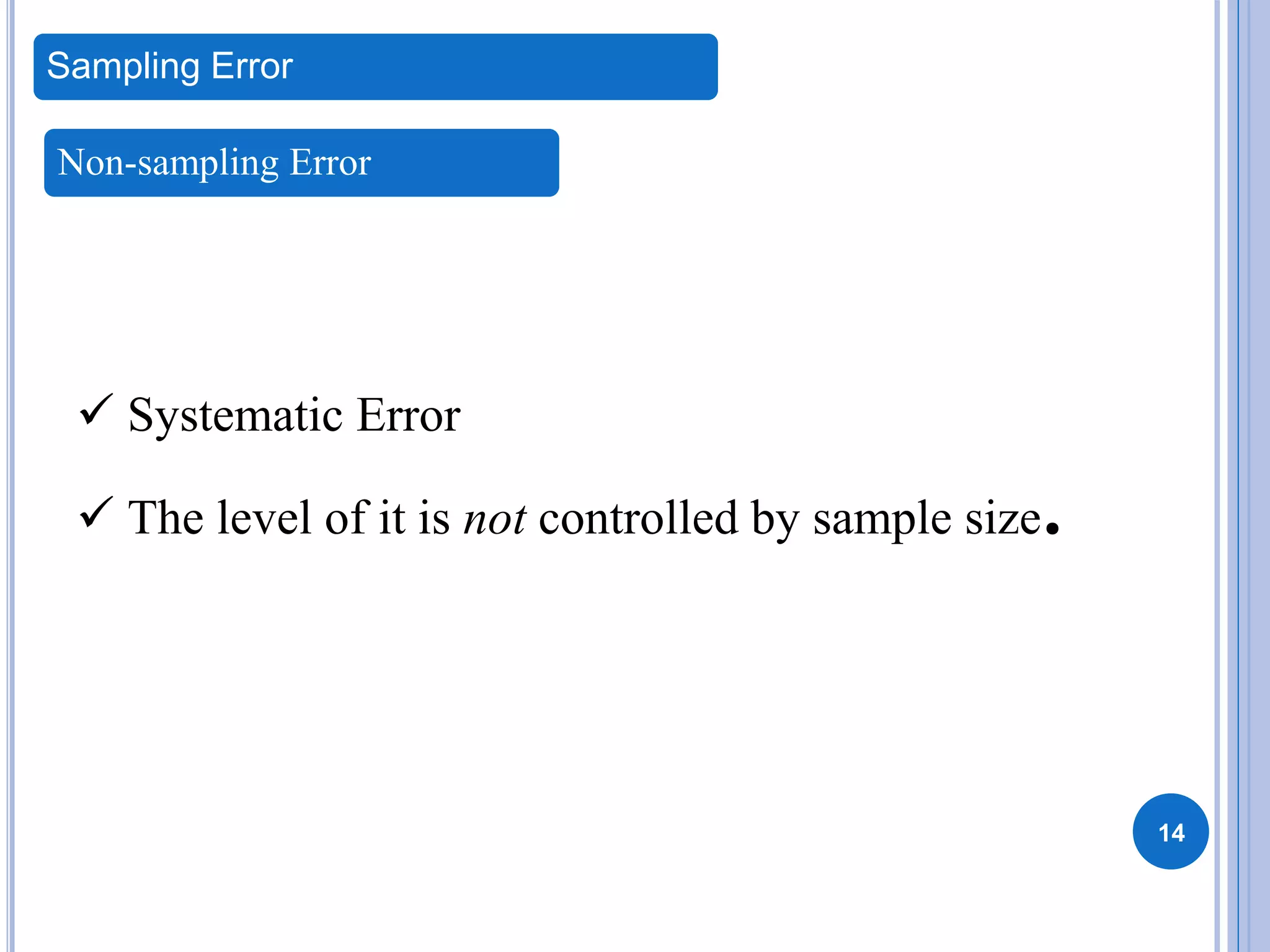 14
Sampling Error
 Systematic Error
 The level of it is not controlled by sample size.
Non-sampling Error
 