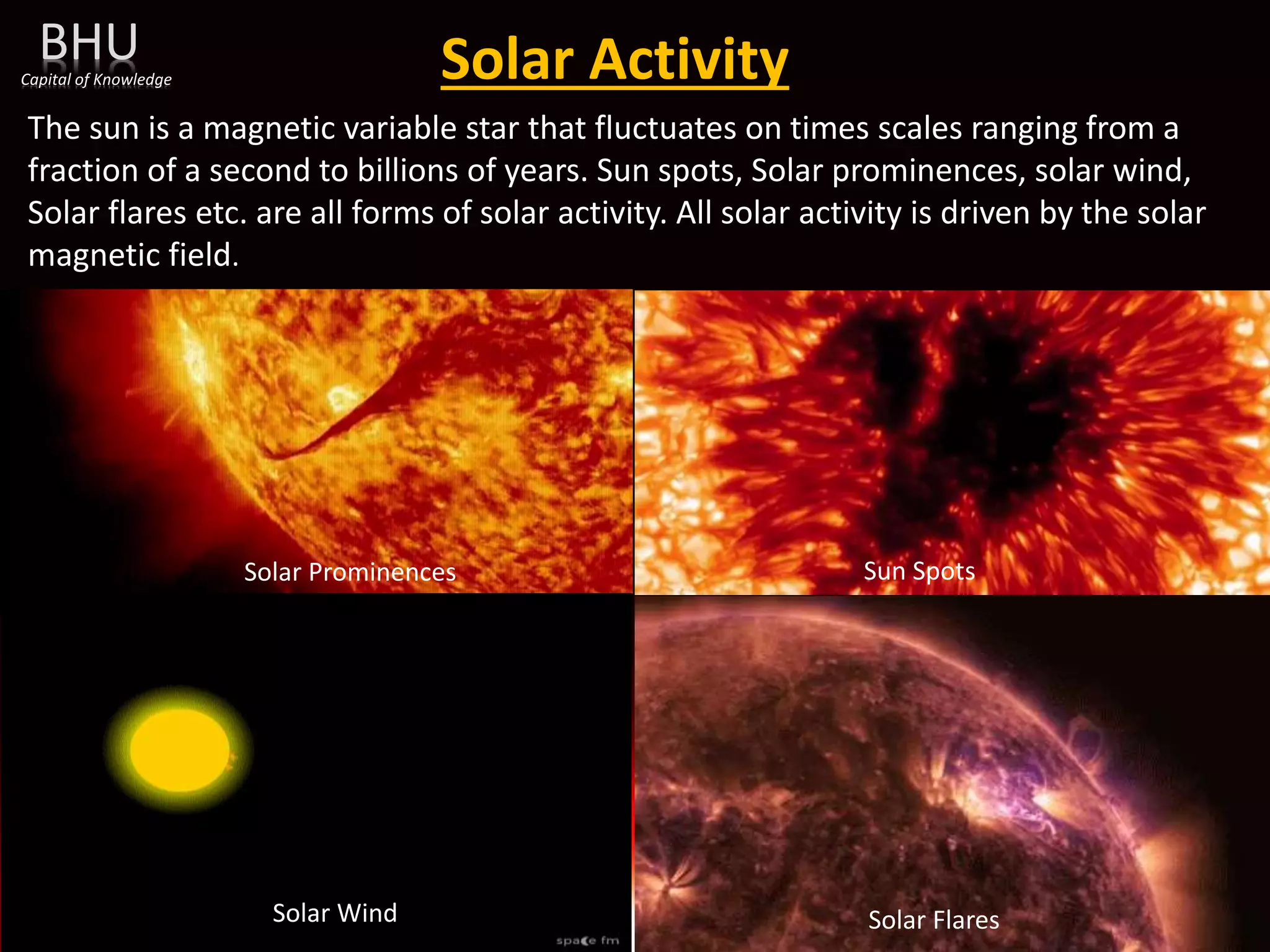 BHU
Capital of Knowledge Solar Activity
The sun is a magnetic variable star that fluctuates on times scales ranging from a
fraction of a second to billions of years. Sun spots, Solar prominences, solar wind,
Solar flares etc. are all forms of solar activity. All solar activity is driven by the solar
magnetic field.
Solar Prominences Sun Spots
Solar Wind Solar Flares
 