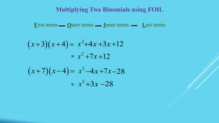 Multiplying Two Binomials using FOIL
First terms Outer terms Inner terms Last terms
  3 4x x   2
x 4x 3x 12
2
x 7x 12
  7 4x x   4x 28
3x
=
2
x 7x
=
2
x 28
 