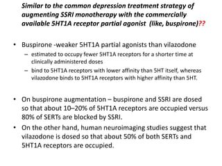 Similar to the common depression treatment strategy of
augmenting SSRI monotherapy with the commercially
available 5HT1A receptor partial agonist (like, buspirone)??
• Buspirone -weaker 5HT1A partial agonists than vilazodone
– estimated to occupy fewer 5HT1A receptors for a shorter time at
clinically administered doses
– bind to 5HT1A receptors with lower affinity than 5HT itself, whereas
vilazodone binds to 5HT1A receptors with higher affinity than 5HT.
• On buspirone augmentation – buspirone and SSRI are dosed
so that about 10–20% of 5HT1A receptors are occupied versus
80% of SERTs are blocked by SSRI.
• On the other hand, human neuroimaging studies suggest that
vilazodone is dosed so that about 50% of both SERTs and
5HT1A receptors are occupied.
 