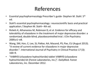 References
• Essential psychopharmacology Prescriber’s guide- Stephen M. Stahl. 5th
ed.
• Stahl’s essential psychopharmacology : neuroscientific basis and practical
application / Stephen M. Stahl– 4th ed.
• Rickels K, Athanasiou M, Robinson D, et al. Evidence for efficacy and
tolerability of vilazodone in the treatment of major depressive disorder: a
randomized, double-blind, placebocontrolled trial. J Clin Psychiatry
2009;e1–e8.
• Wang, SM; Han, C; Lee, SJ; Patkar, AA; Masand, PS; Pae, CU (August 2013).
"A review of current evidence for vilazodone in major depressive
disorder.". International Journal of Psychiatry in Clinical Practice 17 (3):
160–9.
• "VIIBRYD (vilazodone hydrochloride) tablet VIIBRYD (vilazodone
hydrochloride) kit [Forest Laboratories, Inc.]". DailyMed. Forest
Laboratories, Inc. December 2012.
 