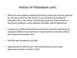 History of Vilazodone cont…
• While the new company originally planned to submit the drug for approval
for only those with the PGx marker, it was found during testing that
Vilazodone did, in fact, show a statistically significant improvement of
depression symptoms versus placebo in broader patient populations
• In February of 2010, Clinical Data announced it would be submitting the
vilazodone NDA for the treatment of major depressive disorder without
the companion biomarker test.
• The NDA was accepted by the FDA.
• Approved by the FDA for use in the United States to treat major
depressive disorder in Adults in 2011
 