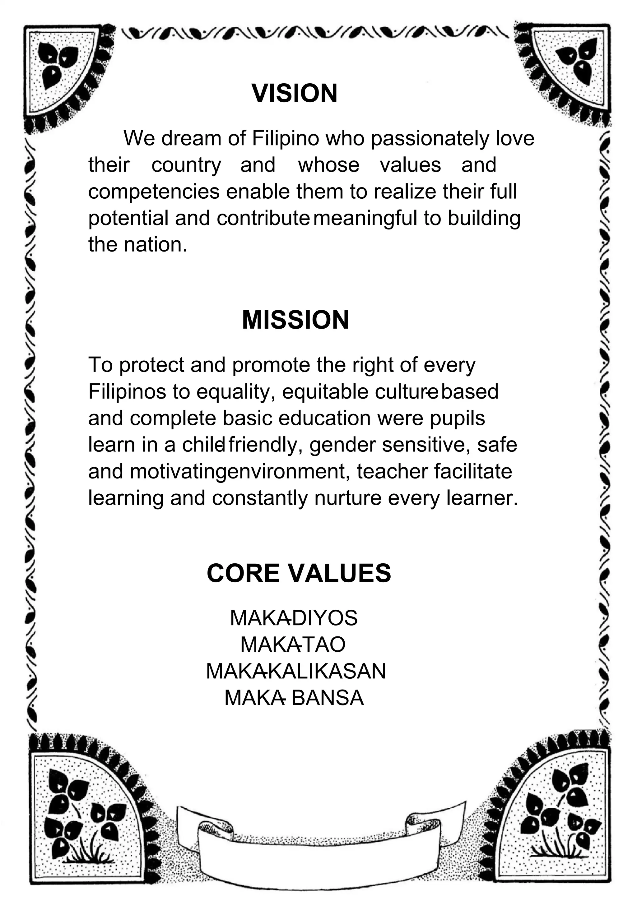 VISION
We dream of Filipino who passionately love
their country and whose values and
competencies enable them to realize their full
potential and contributemeaningful to building
the nation.
MISSION
To protect and promote the right of every
Filipinos to equality, equitable culture
- based
and complete basic education were pupils
learn in a child
- friendly, gender sensitive, safe
and motivatingenvironment, teacher facilitate
learning and constantly nurture every learner.
CORE VALUES
MAKA
-DIYOS
MAKA
-TAO
MAKA
-KALIKASAN
MAKA
- BANSA
 