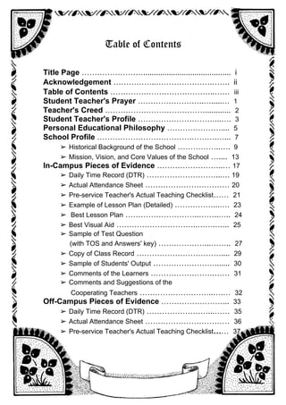 Table of Contents
Title Page ……………………......................................... i
Acknowledgement ……………..………………….……. ii
Table of Contents …………………………………..…… iii
Student Teacher's Prayer ……………………..….....… 1
Teacher's Creed …………………………………............ 2
Student Teacher's Profile …………………………...…. 3
Personal Educational Philosophy ………………….... 5
School Profile ……………………………….……….…... 7
➢ Historical Background of the School ……………..…. 9
➢ Mission, Vision, and Core Values of the School ….... 13
In-Campus Pieces of Evidence ……………………..… 17
➢ Daily Time Record (DTR) ………………………...… 19
➢ Actual Attendance Sheet …………………………… 20
➢ Pre-service Teacher's Actual Teaching Checklist…… 21
➢ Example of Lesson Plan (Detailed) ……………...…. 23
➢ Best Lesson Plan ………………………..……..….. 24
➢ Best Visual Aid …………………………..…….…... 25
➢ Sample of Test Question
(with TOS and Answers' key) ………………...…….. 27
➢ Copy of Class Record …………………………….... 29
➢ Sample of Students' Output ……………………....... 30
➢ Comments of the Learners …………………….…… 31
➢ Comments and Suggestions of the
Cooperating Teachers ………………………..….… 32
Off-Campus Pieces of Evidence ……………………... 33
➢ Daily Time Record (DTR) ……………………...…… 35
➢ Actual Attendance Sheet …………………………… 36
➢ Pre-service Teacher's Actual Teaching Checklist…… 37
 