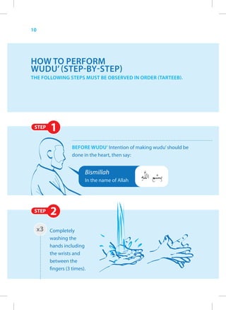 10




HOW TO PERFORM
WUDU’ (STEP-BY-STEP)
THE FOLLOWING STEPS MUST BE OBSERVED IN ORDER (TARTEEB).




 STEP    1
                    BEFORE WUDU’ Intention of making wudu’ should be
                    done in the heart, then say:


                          Bismillah
                          In the name of Allah




 STEP    2
     x3 Completely
         washing the
         hands including
         the wrists and
         between the
         fingers (3 times).
 