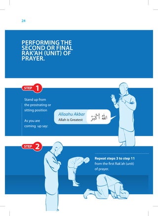 24




PERFORMING THE
SECOND OR FINAL
RAK’AH (UNIT) OF
PRAYER.



 STEP   1
 Stand up from
 the prostrating or
 sitting position
                      Allaahu Akbar
 As you are           Allah is Greatest
 coming up say:




 STEP   2
                                          Repeat steps 3 to step 11
                                          from the first Rak’ah (unit)
                                          of prayer.
 