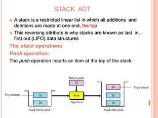 STACK ADT 
 A stack is a restricted linear list in which all additions and 
deletions are made at one end, the top 
 This reversing attribute is why stacks are known as last in, 
first out (LIFO) data structures 
The stack operations 
Push operation: 
The push operation inserts an item at the top of the stack 
 